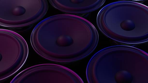 istock sound speakers in neon light on black background. 3d render. 1323819709