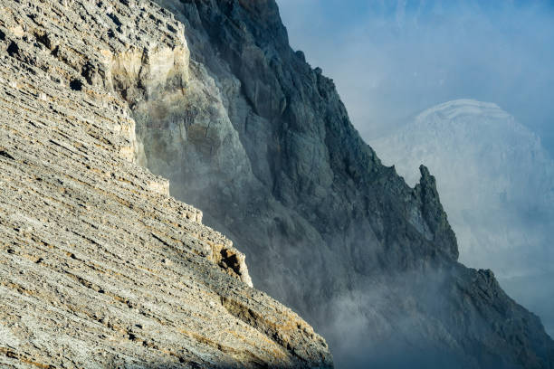 istock Mountain furrows wave surface pattern from lava flow at the top of Ijen volcano crater 1323821581