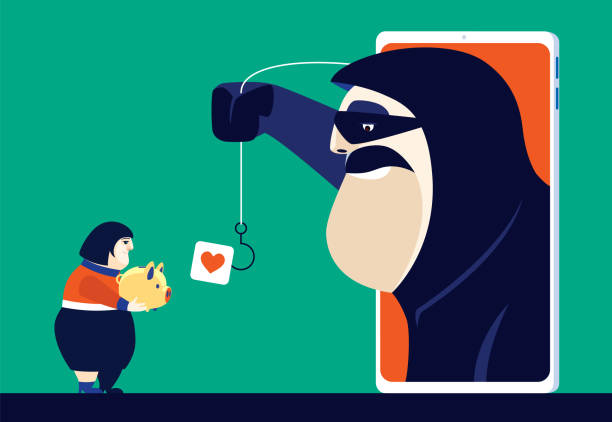 ilustraciones, imágenes clip art, dibujos animados e iconos de stock de mujer sosteniendo la alcancía y conociendo a un hacker a través del teléfono inteligente - women sign love trap