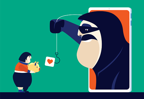 vector illustration of woman holding piggy bank and meeting hacker via smartphone