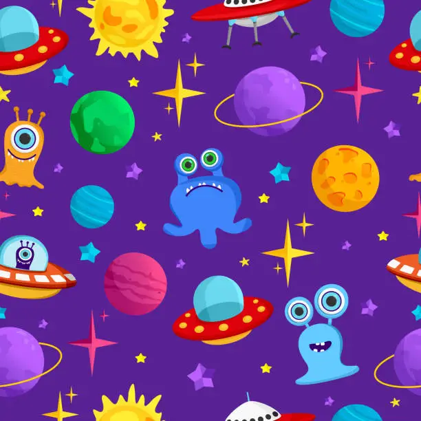 Vector illustration of Vector infinite pattern on a space theme with planets, UFOs and aliens. Flat-style illustration for flyers, posters, websites, apps, and children's holiday decorations