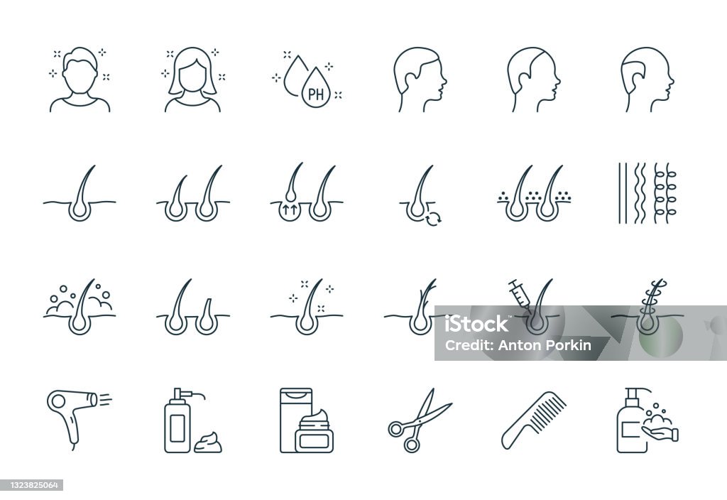 Tratamiento y Problema del Cabello. Cuidado del cabello y problema de pérdida. Champú, Caspa, Corte de pelo, Crecimiento y alopecia línea icono. Barbershop Tools Flat Linear Icons. Trazo editable. Ilustración vectorial - arte vectorial de Ícono libre de derechos Tratamiento y Problema del Cabello. Cuidado del cabello y problema de pérdida. Champú, Caspa, Corte de pelo, Crecimiento y alopecia línea icono. Barbershop Tools Flat Linear Icons. Trazo editable. Ilustración vectorial - arte vectorial de Ícono libre de derechos