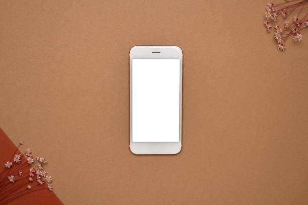 istock Mobile phone with white screen and dry flower branch and stone on a light brown background. Trend, minimal concept with copyspace 1323825861