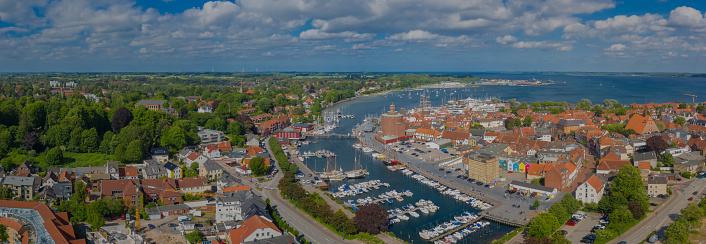 Panorama aerial view of port town Eckernförde popular tourist destination on the coast of the Baltic Sea in northern Germany, Rendsburg-Eckernförde, Schleswig-Holstein.