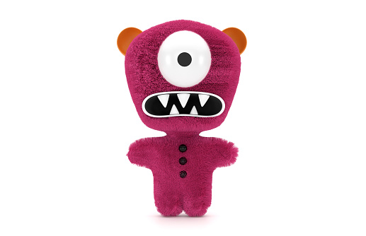 3D Red Furry cute toy monster On White Background