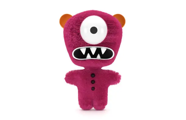3D Red Furry cute toy monster On White Background