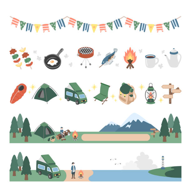 ilustrações de stock, clip art, desenhos animados e ícones de illustration collection with camping-related items arranged in a line - bonfire beach fire barbecue