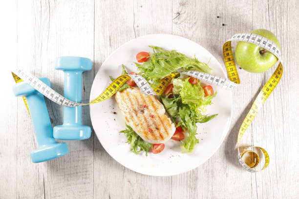 istock grilled chicken with lettuce- dumbbell and meter 1323827110