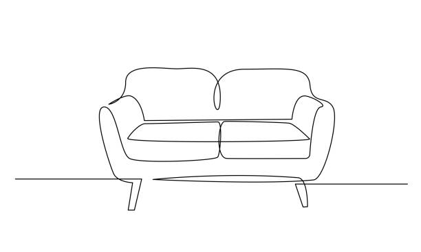 continuous one line drawing of sofa or couch. modern furniture in simple linear style. doodle vector illustration - couch 幅插畫檔、美工圖案、卡通及圖標
