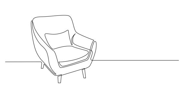 continuous one line drawing of armchair with pillow. modern furniture in simple linear style. doodle vector illustration - couch 幅插畫檔、美工圖案、卡通及圖標