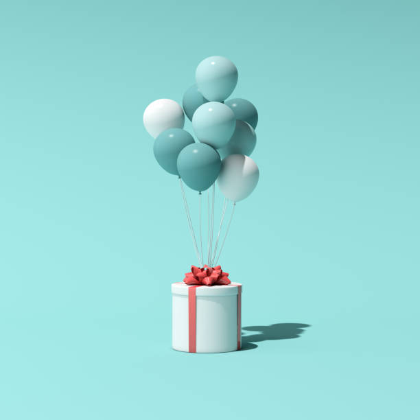 istock 3D rendering of round gift box and balloons. Minimal concept. 1323829703