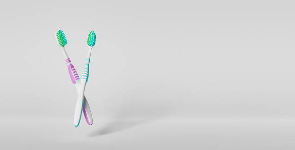 toothbrushes floating in the air on white background with space for text. 3d render