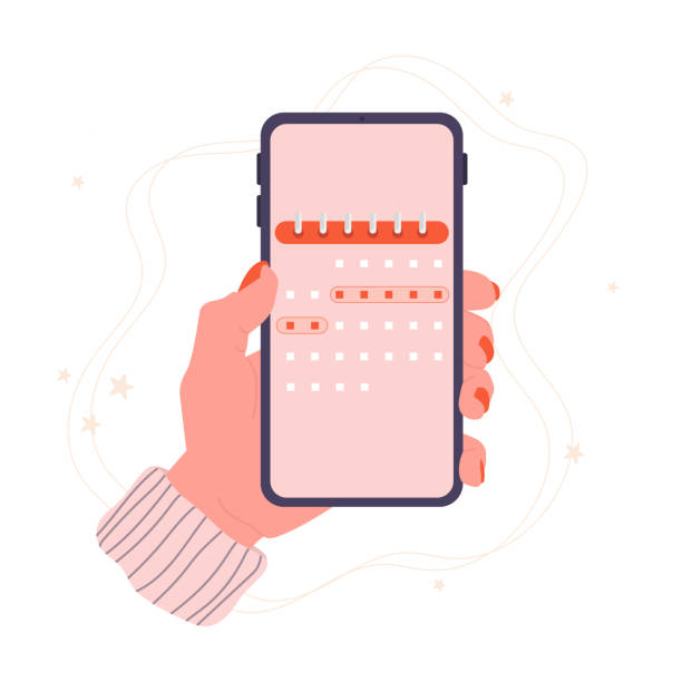 Menstrual cycle. Phone in hand with a calendar Menstrual cycle. Phone in hand with a calendar. Period. Phone app, ovulation tracking. Vector stock illustration on isolated white background. iphone hand stock illustrations