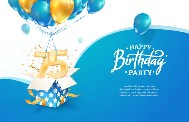 Celebrating 75th years birthday vector illustration. Seventy five anniversary celebration. Adult birth day. Open gift box with numbers three and eight flying on balloons Celebrating 75th years birthday vector illustration. Seventy five anniversary celebration. Adult birth day. Open gift box with numbers three and eight flying on balloons. 75th anniversary stock illustrations