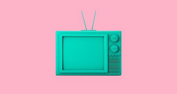 Close up realista verde retro dibujos animados de televisión maqueta de fondo rosa aislado. photo