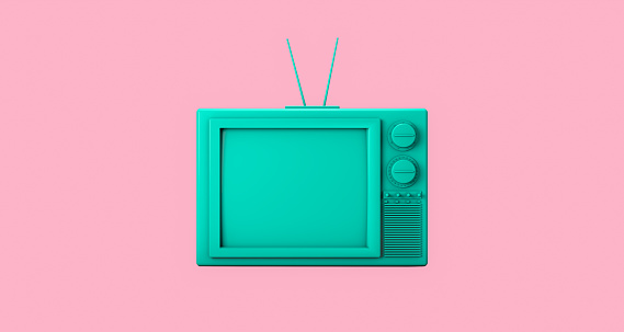 3d rendering, Close up realistic green retro television cartoon mock up with minimal and trendy fashion style, empty space for copy, isolated on pastel pink color background.