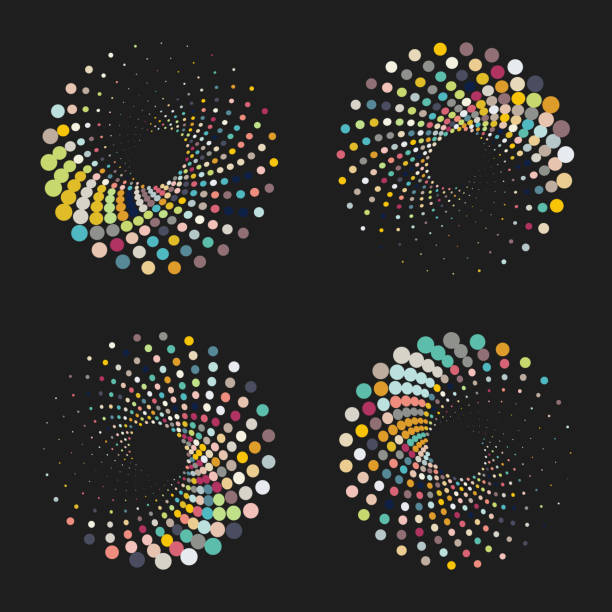 ilustrações, clipart, desenhos animados e ícones de coleção de ícones de padrão de redemoinho de bolinhas coloridas de meio tom para design - macrofotografia