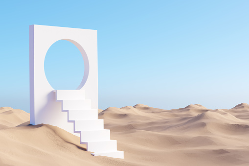 Surreal desert landscape with white staircases on sand dunes. Abstract modern minimal fashion background with stairs. 3d rendering. Impossible concept