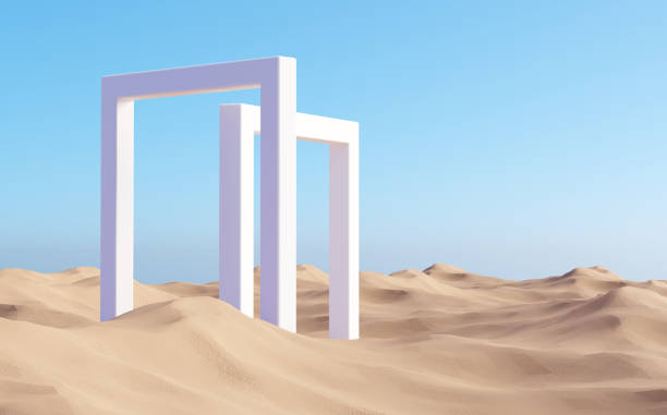 istock Surreal desert landscape with white square portals 1323832908