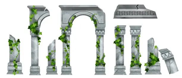 Vector illustration of Vector marble roman pillar ruin set, Greek ancient architecture columns, green ivy leaves, climber plant.