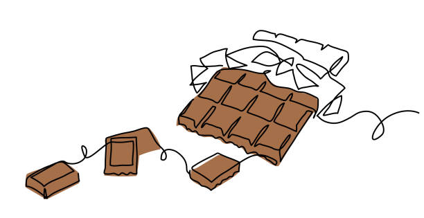 chocolate bar one continuous line drawing. unfolded chocolate minimal vector illustration with pieces - çikolatalı bar illüstrasyonlar stock illustrations