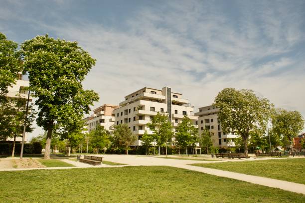 group of buildings with a park