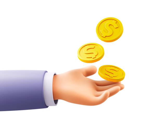 cartoon character hand throws up golden coins to the air - cheap currency coin finance imagens e fotografias de stock