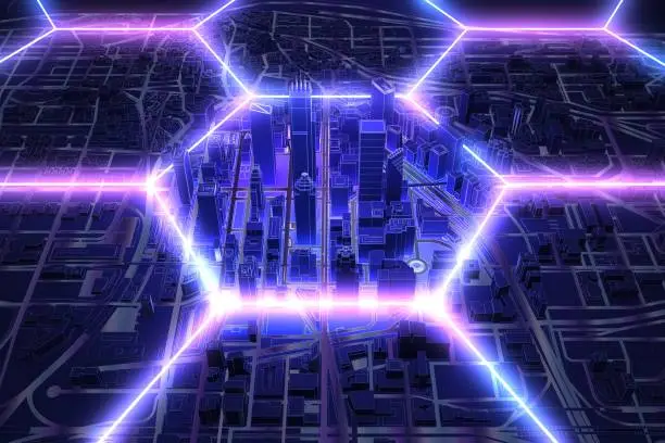 Photo of neon hexagon wire shape over dark city above view