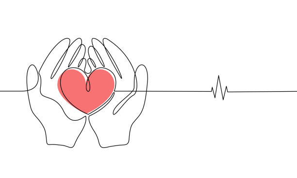 Human hands hold a heart in line art Human hands hold a heart in line art style on white background. Hope and kindness concept, cardiology, volunteering and donation. Vector stock illustration. heart rate stock illustrations