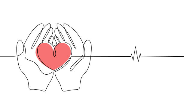 Human hands hold a heart in line art Human hands hold a heart in line art style on white background. Hope and kindness concept, cardiology, volunteering and donation. Vector stock illustration. giving medication stock illustrations