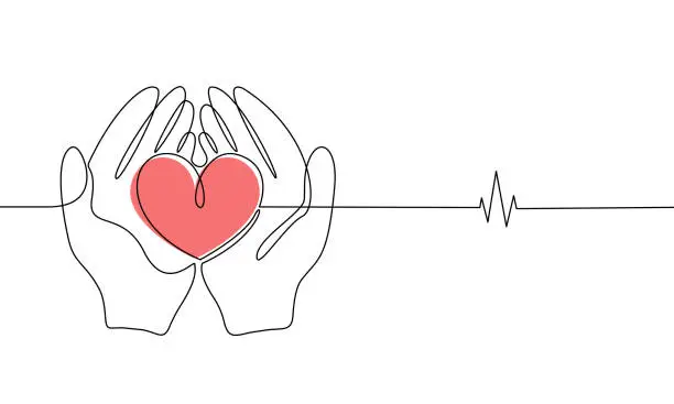 Vector illustration of Human hands hold a heart in line art