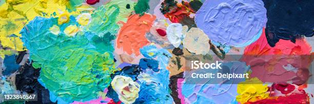 Colorful Paint Palette Close Up Abstract Panoramic Background Stock Photo - Download Image Now