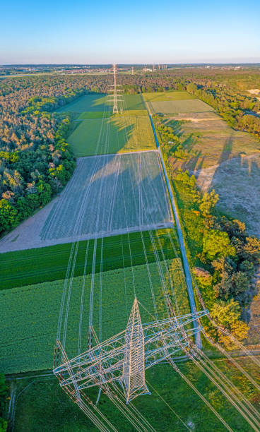 istock Panoramic image of high voltage road with high power poles in evening light 1323840758