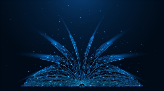 An open book. Polygonal construction of lines and points. Blue background.