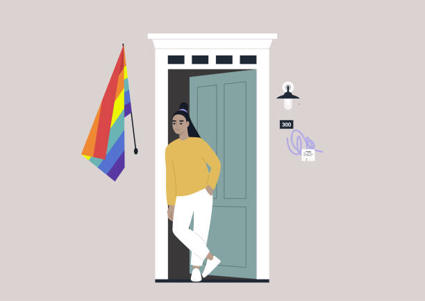 eine junge asiatische figur, die vor ihrer eingangstür mit einer regenbogenfahne an der wand steht, ein sicherer raum für die lgbtq-community, die herauskommt - gay pride flag illustrations stock-grafiken, -clipart, -cartoons und -symbole