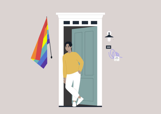 ein junger männlicher asiatischer charakter, der vor ihrer eingangstür mit einer regenbogenfahne an der wand steht, ein sicherer raum für die lgbtq-community, der herauskommt - neighbors at the front door stock-grafiken, -clipart, -cartoons und -symbole