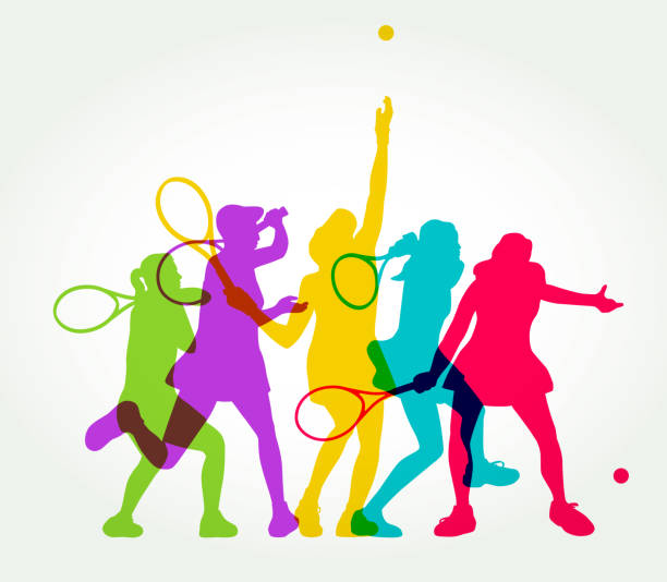 illustrazioni stock, clip art, cartoni animati e icone di tendenza di tenniste - donne - tennis silhouette back lit tennis ball