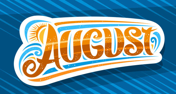 Vector sticker for August Vector sticker for August, decorative cut paper badge with curly calligraphic font, illustration of art design waves and sun, summer time concept with swirly hand written word august on blue background. august stock illustrations