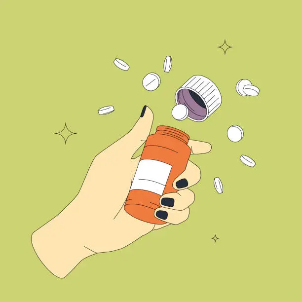 Vector illustration of Female Hand Opening Pills Bottle
