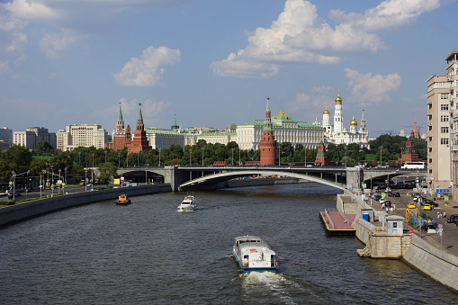 Moscow,Russia - 08.07.2016 : view of the Moscow river from the Patriarch's bridge on a Sunny day.River tourism in Russia