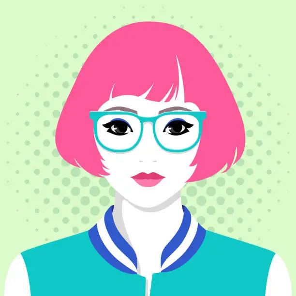 Vector illustration of Beautiful young woman with pink hair wearing glasses