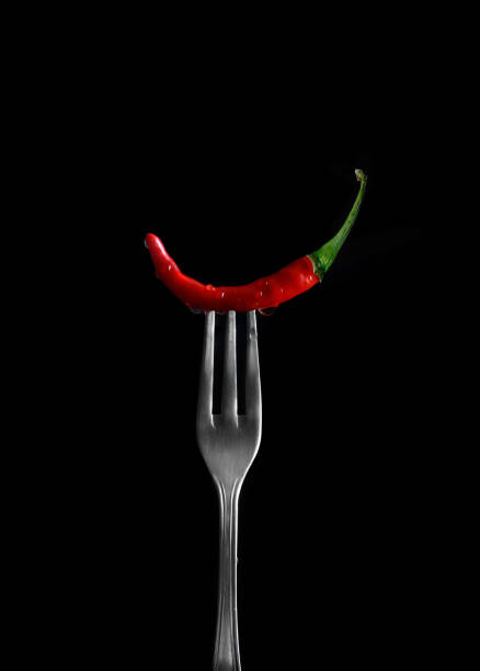 Fresh raw red hot chilli pepper on fork on Black Background