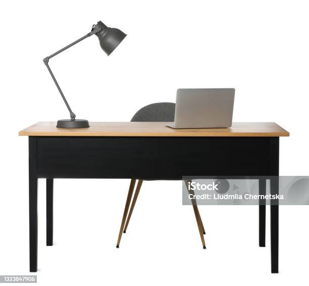 Stylish Workplace With Wooden Desk And Comfortable Chair On White Background Stock Photo - Download Image Now