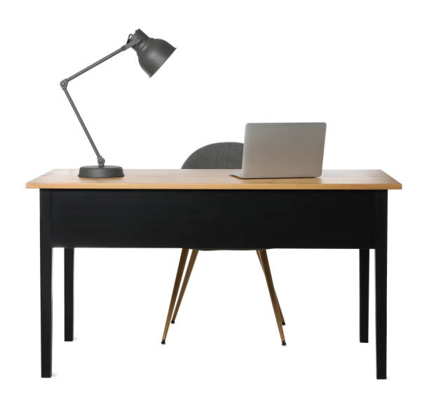 stylish workplace with wooden desk and comfortable chair on white background - skrivbord bildbanksfoton och bilder