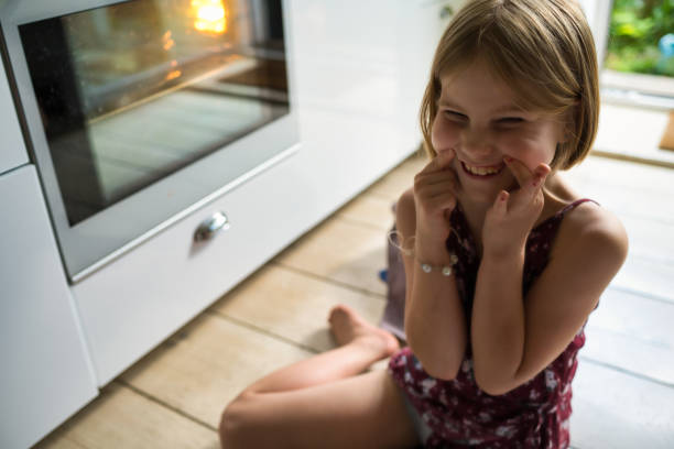 cake, portrait, girl, kitchen, day, sunlight, baking, making a face,