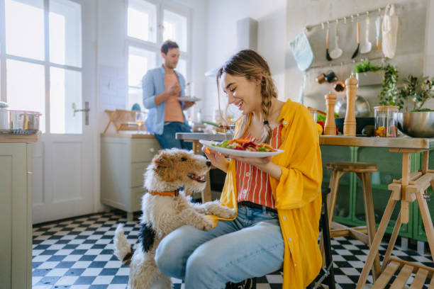 Young couple having dinner in their kitchen