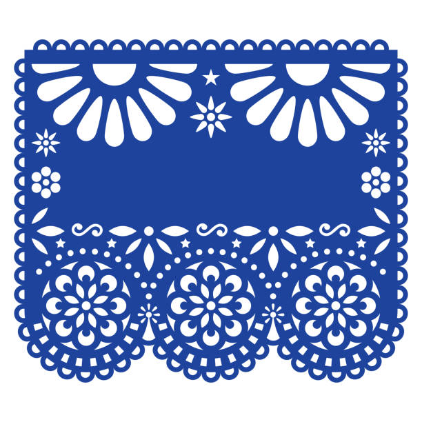 Mexican Papel Picado vector template design inspired by traditional cut out decoration with flowers and geometric shapes - greeting card or weddding invitation Retro fiesta party blue ornamental garland desgin fromm Mexico with empty space for text papel picado illustrations stock illustrations