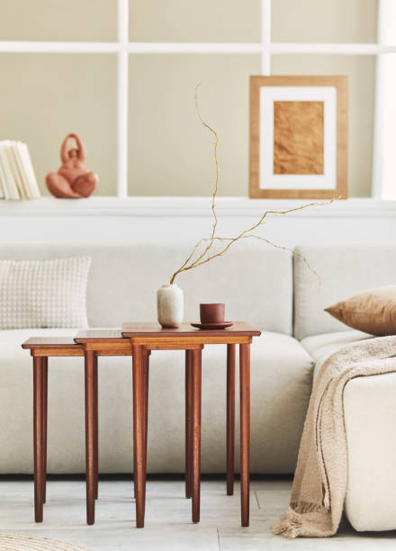 istock Minimalist composition of living room interior with neutral sofa. Template. 1323849056