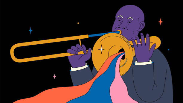 Vector outline illustration. Black man is playing on a trumpet. Jazz musician Vector outline illustration. Black man is playing on a trumpet. Jazz musician. brass instrument stock illustrations