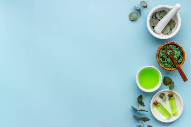 istock Herbal cosmetic product. Eucalyptus essential oil, top view 1323849260